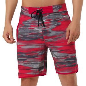 Men's Summer Drawstring Waist Contrast Color Printed Swim Shorts Red